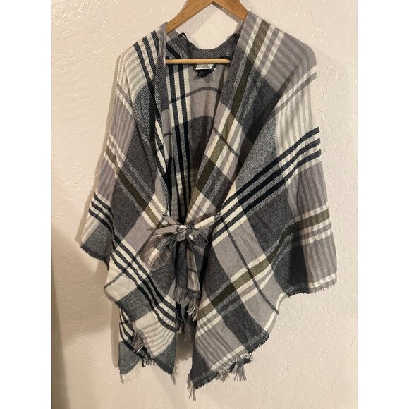 David & Young Plaid Belted Poncho Wrap Fall Sweater - Picture 2 of 11